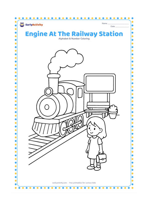 Colouring page: Draw a rounded railway engine standing at an Indian station platform with large wheels, a smokestack and a gentle steam cloud. Include a child with a small bag, a bench, potted plants…