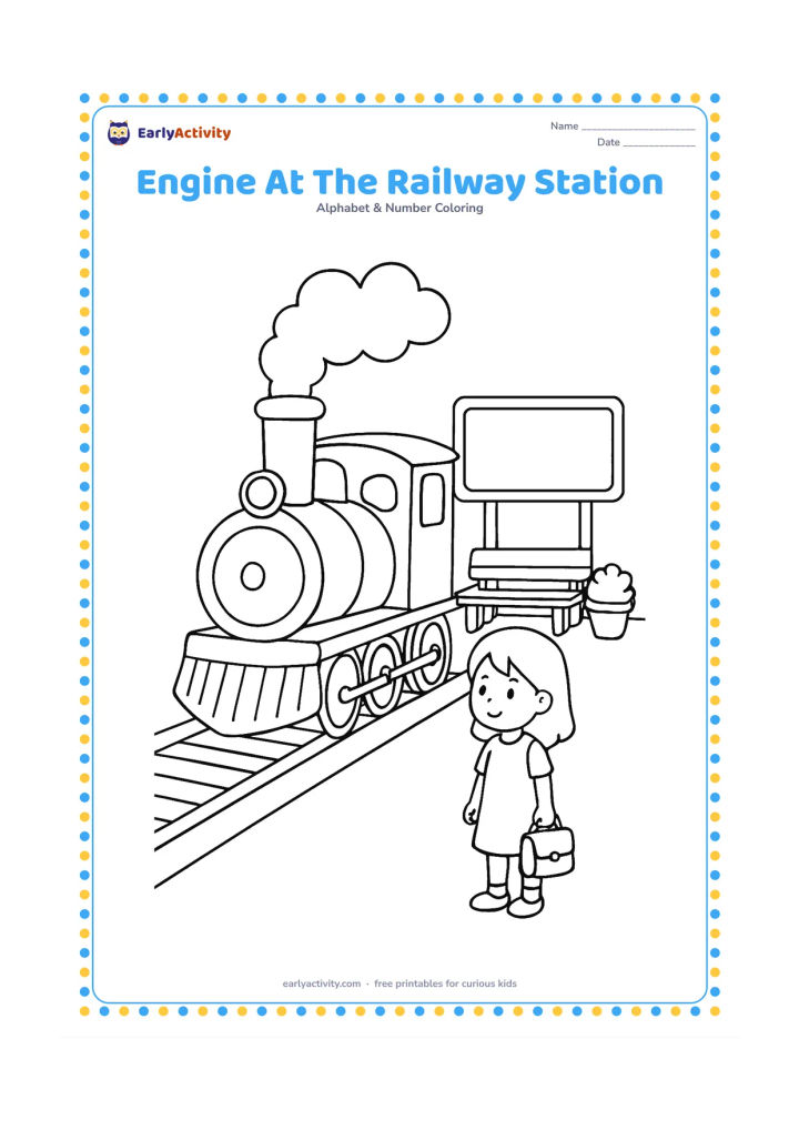 Colouring page: Draw a rounded railway engine standing at an Indian station platform with large wheels, a smokestack and a gentle steam cloud. Include a child with a small bag, a bench, potted plants…