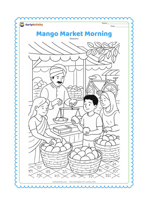 Colouring page: A busy but organised Indian market scene shows a vendor weighing mangoes on a balance scale while customers choose fruit. Include woven baskets, a handcart, fabric canopies, a bicycle,…
