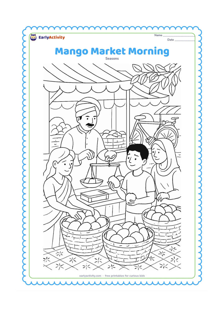 Colouring page: A busy but organised Indian market scene shows a vendor weighing mangoes on a balance scale while customers choose fruit. Include woven baskets, a handcart, fabric canopies, a bicycle,…