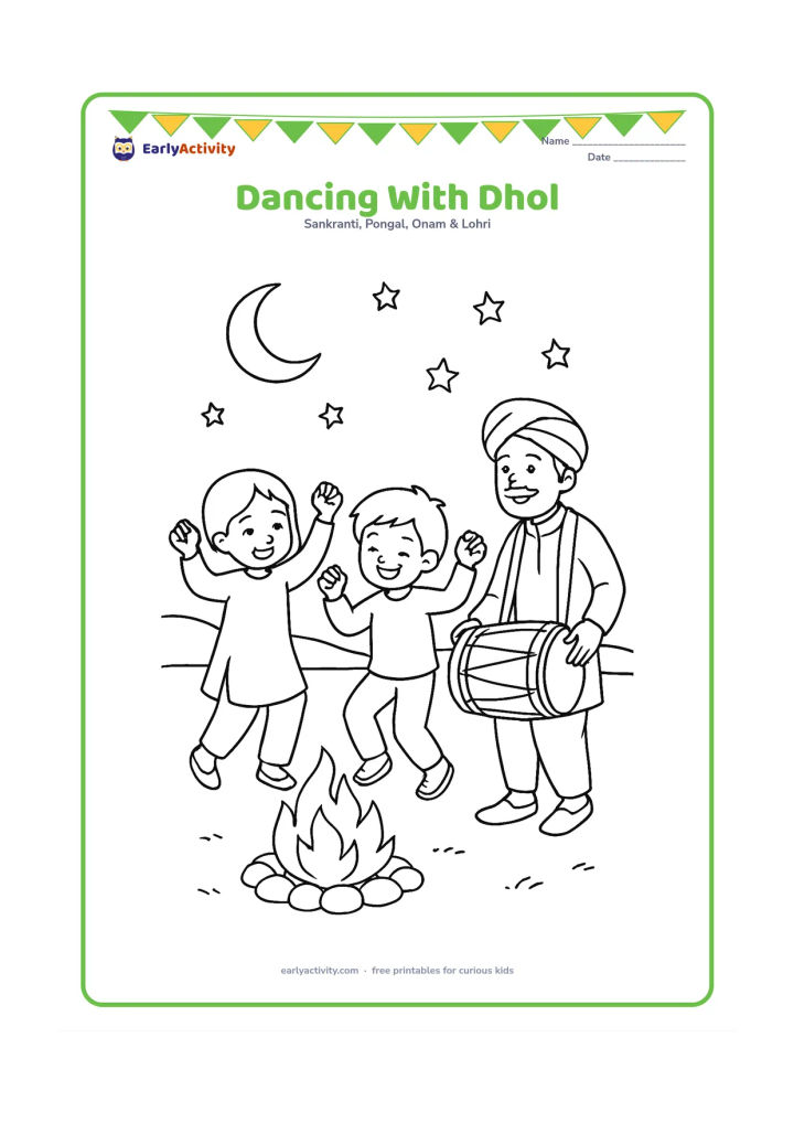Colouring page: Draw two children dancing with raised arms while an adult plays a dhol beside them. Place the group near a bonfire with a moon, stars and a low winter field in the background.