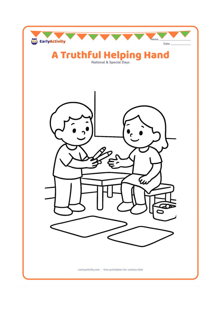 Colouring page: Show a child honestly handing a fallen set of crayons back to another child beside a low table. Include a plain school wall, two floor mats and a small open storage basket.