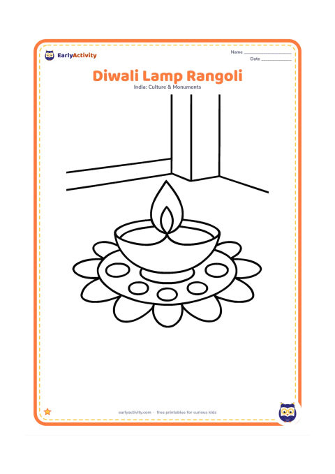 Colouring page: Create a simple rangoli surrounding one large traditional oil lamp, with broad petals and large round dots around it. Place the design on a clean floor near a plain doorstep.