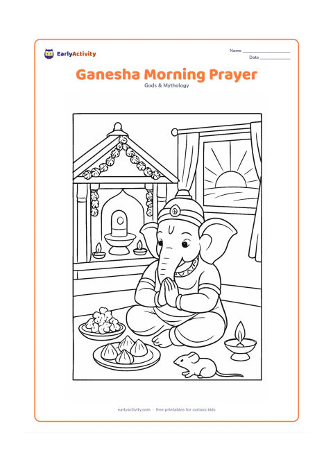 Colouring page: Lord Ganesha sits before a small home shrine at dawn with folded hands, a plate of flowers, modaks and oil lamps. Include a window showing rising sunlight, curtains, a mouse and…
