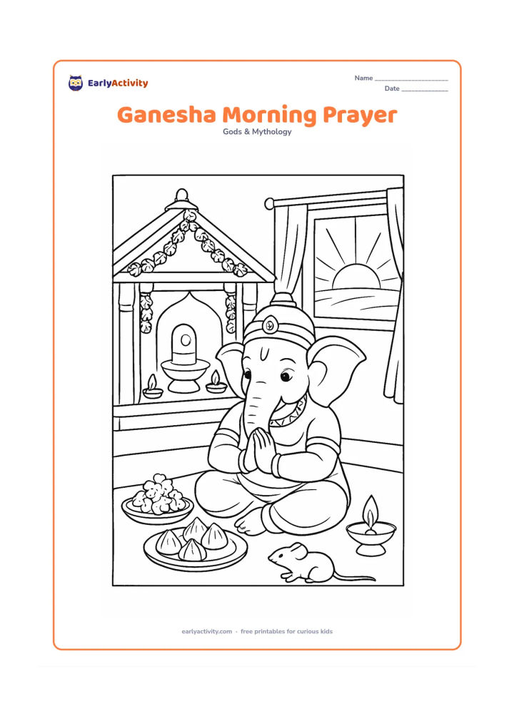 Colouring page: Lord Ganesha sits before a small home shrine at dawn with folded hands, a plate of flowers, modaks and oil lamps. Include a window showing rising sunlight, curtains, a mouse and…