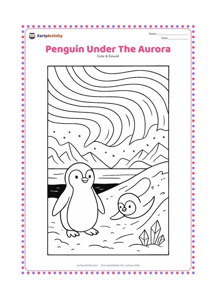 Colouring page: A penguin stands on snowy ground beneath sweeping bands of aurora light, with a second penguin sliding down a gentle snow slope. Add ice crystals, distant mountains and a dark sea opening.