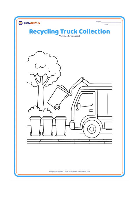 Colouring page: A recycling truck lifts a large bin beside a row of three bins, a leafy tree and a pavement. Show the lifting arm in action and a clean, open truck body without recycling logos or text.
