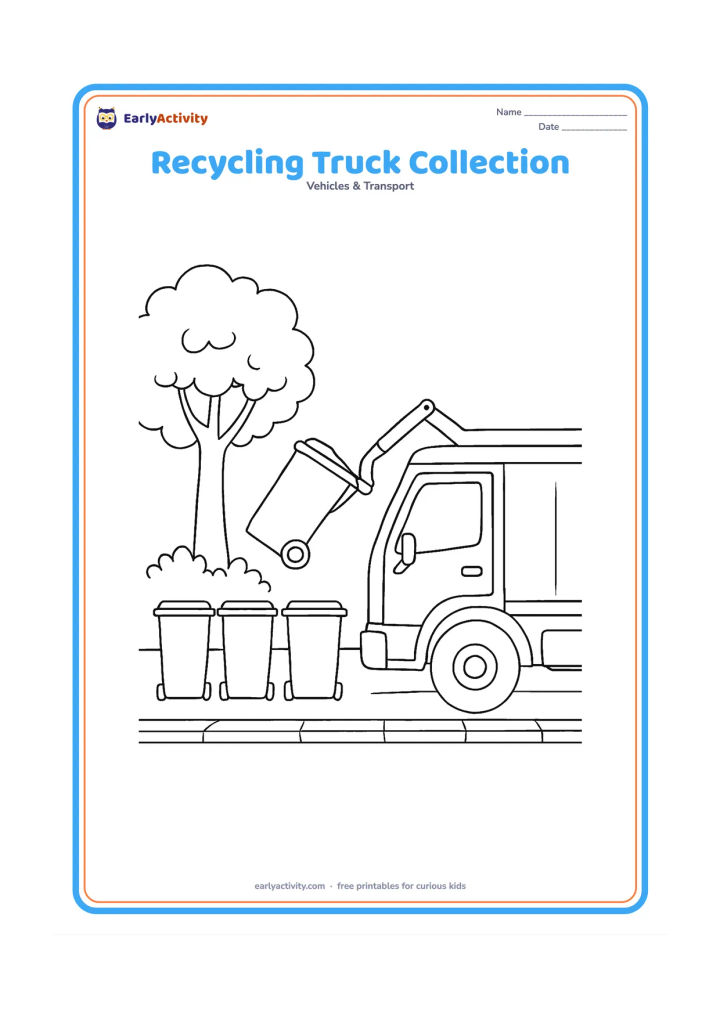 Colouring page: A recycling truck lifts a large bin beside a row of three bins, a leafy tree and a pavement. Show the lifting arm in action and a clean, open truck body without recycling logos or text.