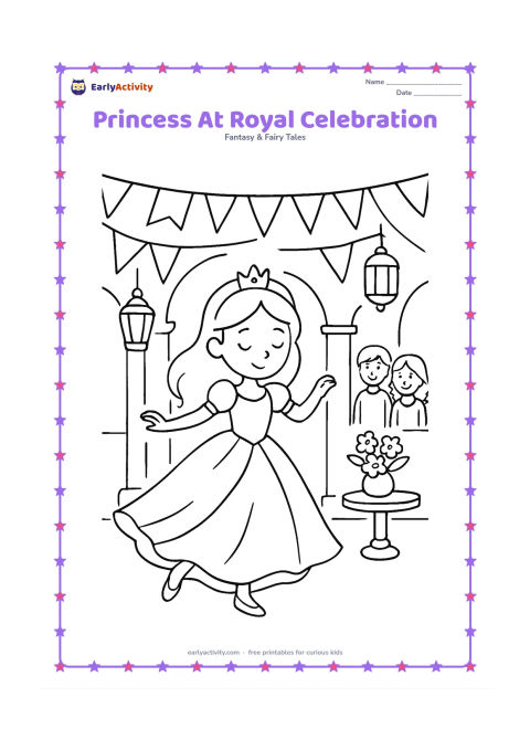 Colouring page: Draw a princess dancing in a decorated palace hall during a gentle royal celebration. Include bunting without letters, hanging lanterns, a small table of flowers, and two smiling guests…