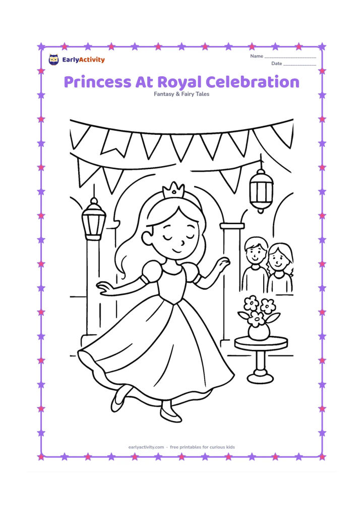 Colouring page: Draw a princess dancing in a decorated palace hall during a gentle royal celebration. Include bunting without letters, hanging lanterns, a small table of flowers, and two smiling guests…