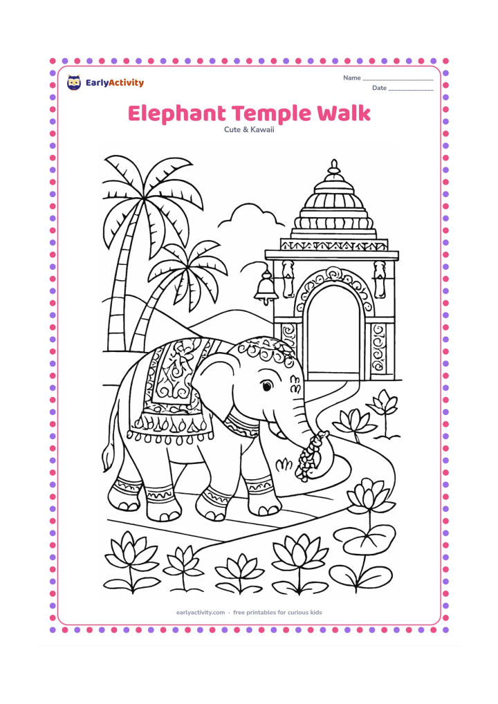 Colouring page: A decorated but peaceful elephant walks along a garden path near an Indian temple entrance, carrying a small flower garland over its trunk. Add palm trees, bells without markings, lotus…