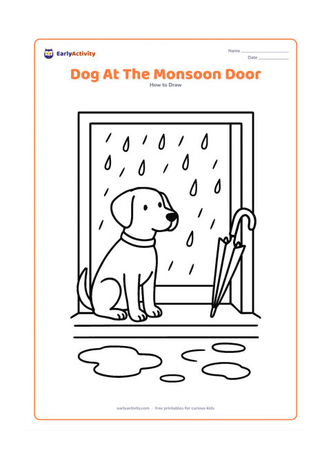 Worksheet: Show blank, unlabeled stages for a dog sitting at a home doorway during rain, with an umbrella leaning nearby, puddles and a few raindrops outside. Keep the dog dry under the doorway and…