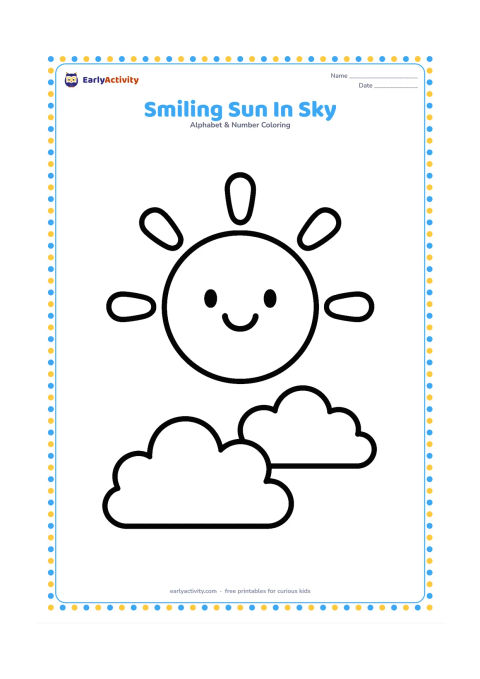 Colouring page: A large friendly sun with a simple smiling face shines above two soft clouds and three rounded rays. Keep the sun and clouds widely separated with large open areas for colouring; do not…