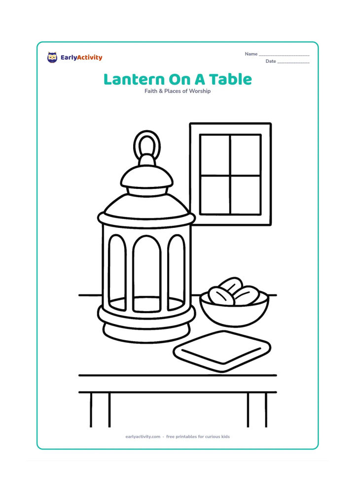 Colouring page: A large tabletop lantern stands on a low table beside one small bowl of dates and a folded cloth. Add a simple window shape behind it and leave the objects widely spaced.