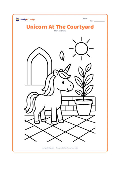 Worksheet: A unicorn stands in a sunny Indian home courtyard beside a low wall and a large potted plant, with a simple geometric floor pattern beneath its feet. Include an open doorway shape and a…