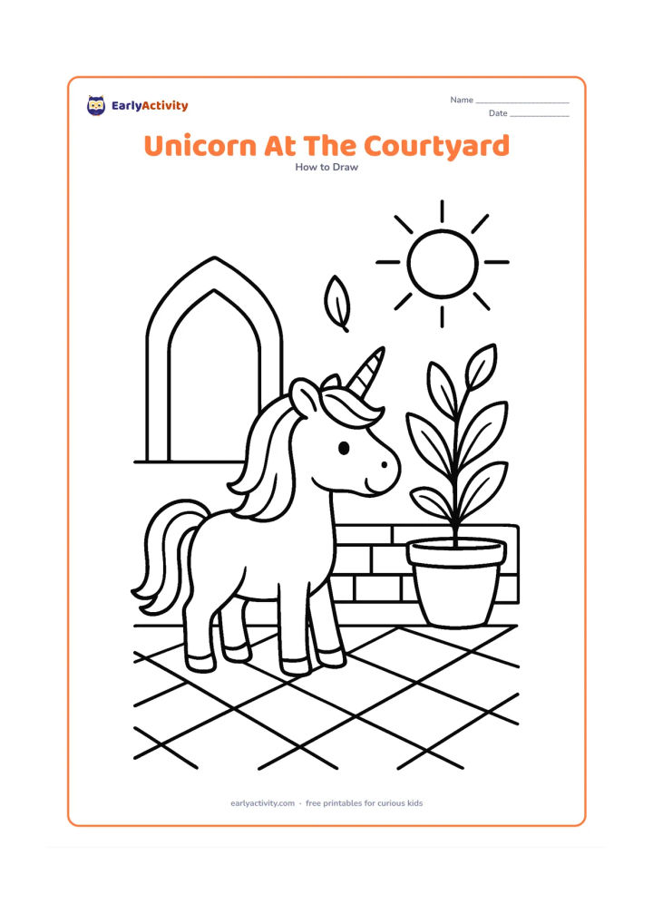 Worksheet: A unicorn stands in a sunny Indian home courtyard beside a low wall and a large potted plant, with a simple geometric floor pattern beneath its feet. Include an open doorway shape and a…