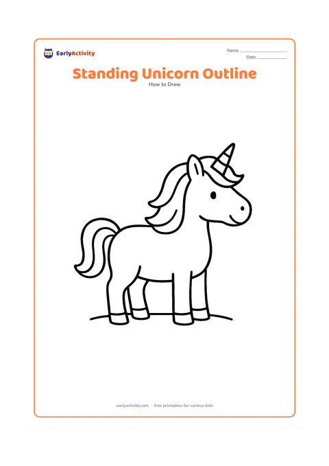 Worksheet: A full-body unicorn standing calmly in profile on four sturdy legs, with a rounded body, simple head, ears, horn, tail and large flowing mane. Add one small curved line beneath the feet…