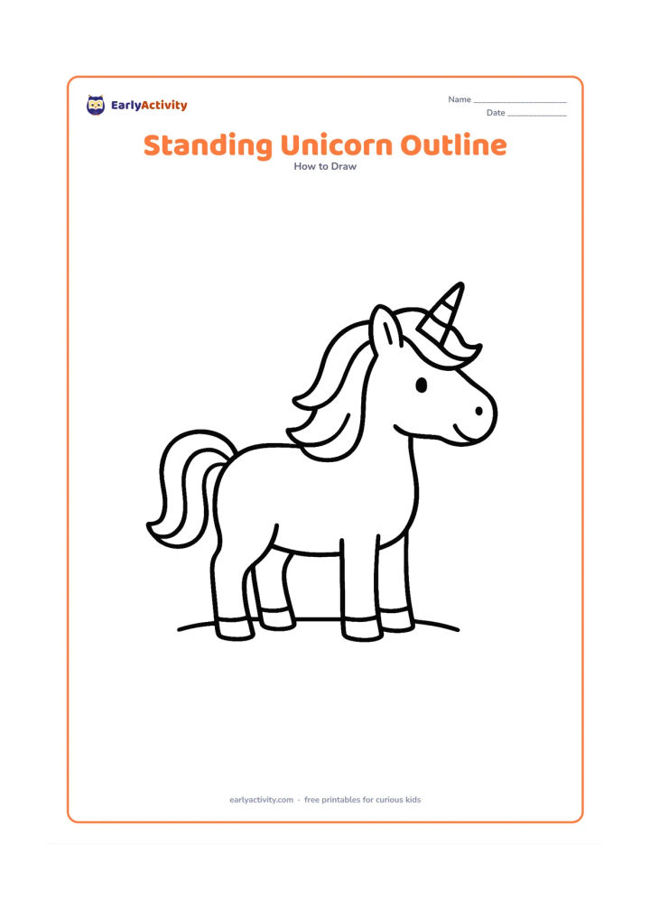 Worksheet: A full-body unicorn standing calmly in profile on four sturdy legs, with a rounded body, simple head, ears, horn, tail and large flowing mane. Add one small curved line beneath the feet…