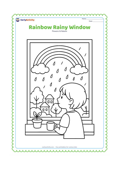 Colouring page: Draw a child looking through a large window at a rainbow, clouds and falling rain over rooftops and trees. Include a windowsill with a small potted plant and a cup, without any labels or…