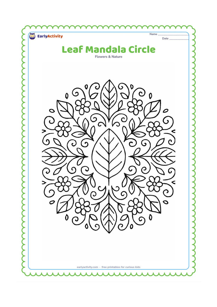 Colouring page: A symmetrical circular design made from repeated leaves, veins, stems, flowers and small curved nature patterns surrounds a clear central leaf.