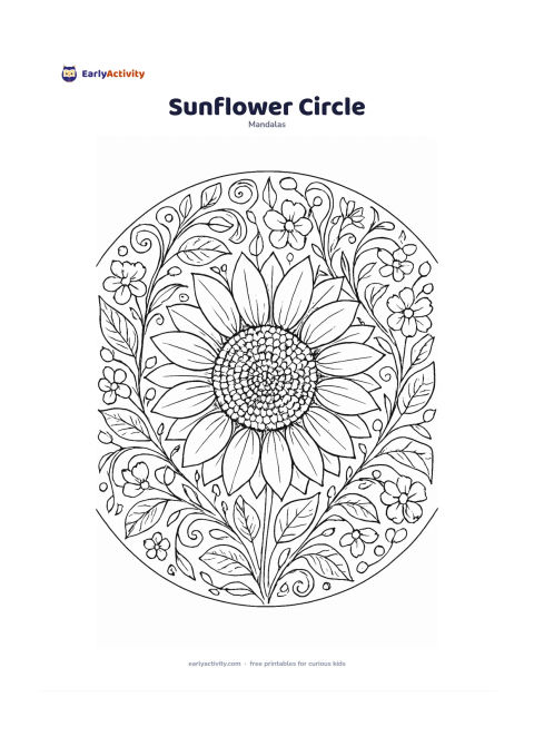 Colouring page: Create a circular mandala with a large sunflower head at the centre, surrounded by layered petals, leaves, curling stems, seed shapes and smaller garden flowers. Arrange the petals and…