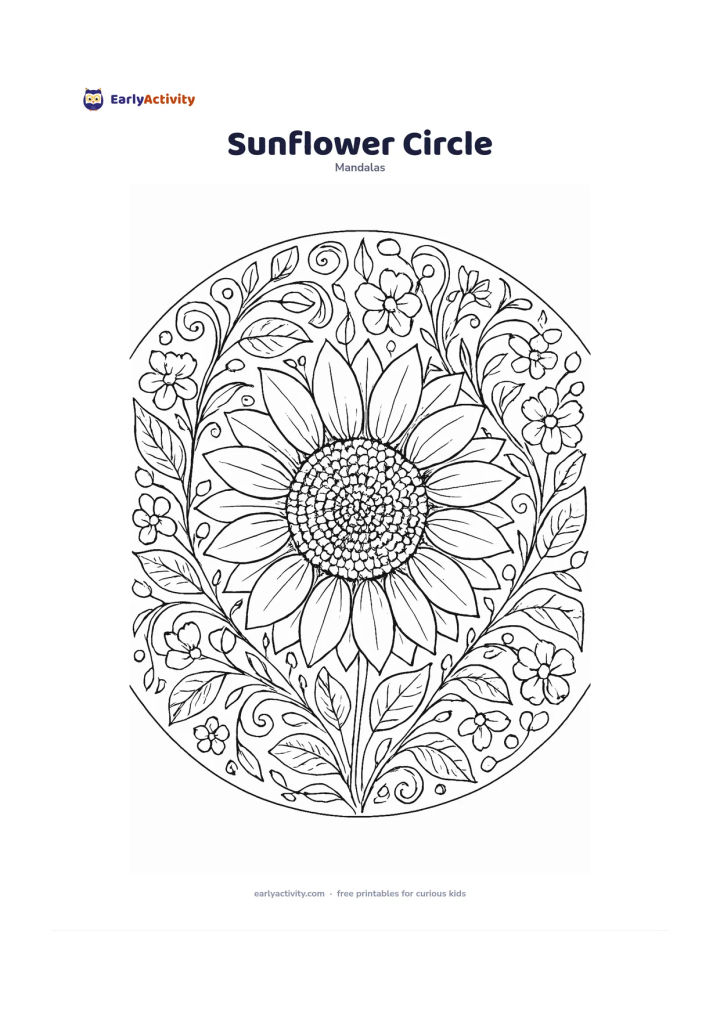 Colouring page: Create a circular mandala with a large sunflower head at the centre, surrounded by layered petals, leaves, curling stems, seed shapes and smaller garden flowers. Arrange the petals and…