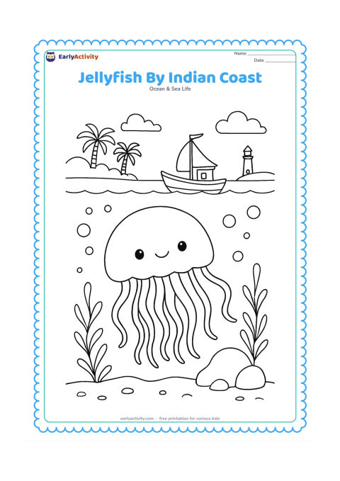 Colouring page: Draw a jellyfish offshore near a small Indian fishing boat, with a distant palm-lined coast and a low lighthouse in the background. Add seaweed, bubbles and a rounded rock underwater.