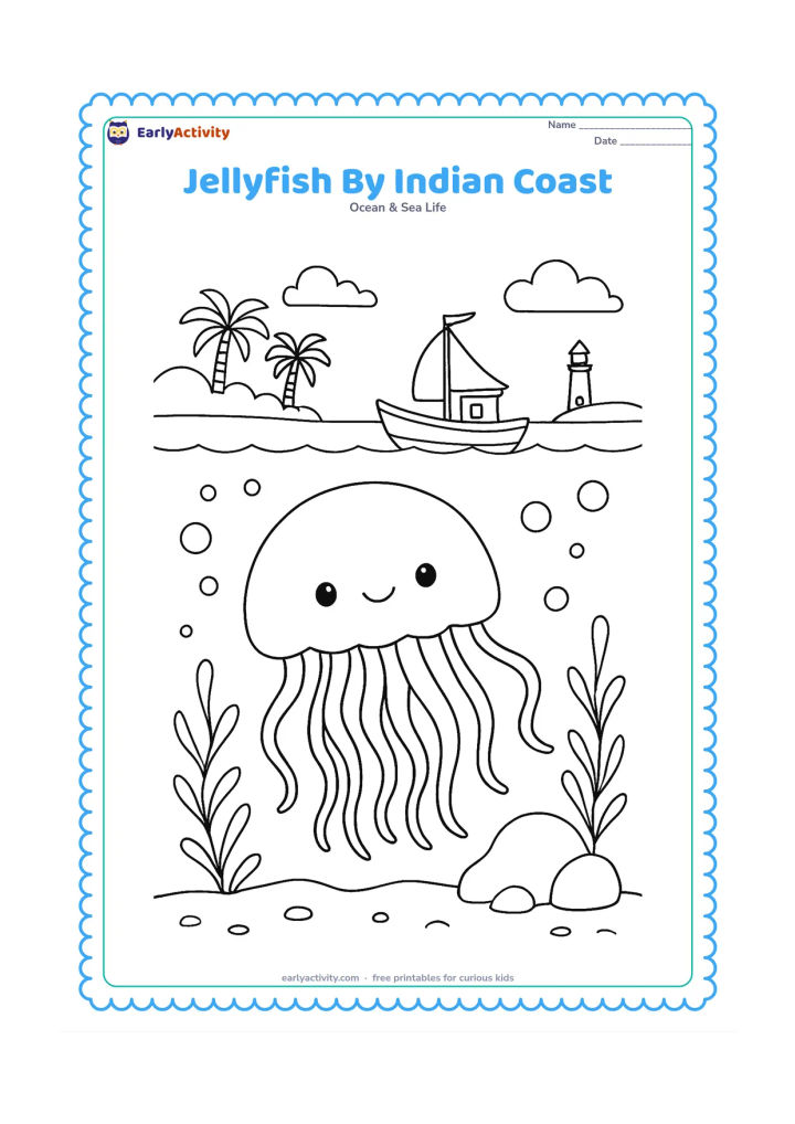 Colouring page: Draw a jellyfish offshore near a small Indian fishing boat, with a distant palm-lined coast and a low lighthouse in the background. Add seaweed, bubbles and a rounded rock underwater.