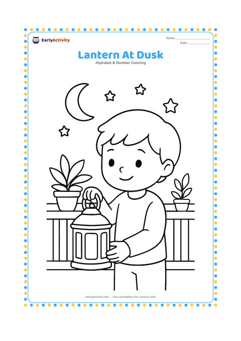 Colouring page: Draw a child holding a simple lantern on a veranda at dusk, with a crescent moon, a few stars, potted plants and a low railing behind. The lantern should be the largest object in the…