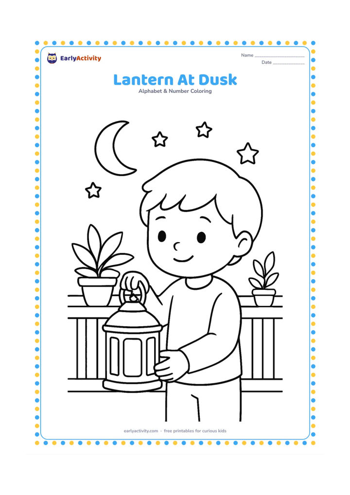 Colouring page: Draw a child holding a simple lantern on a veranda at dusk, with a crescent moon, a few stars, potted plants and a low railing behind. The lantern should be the largest object in the…