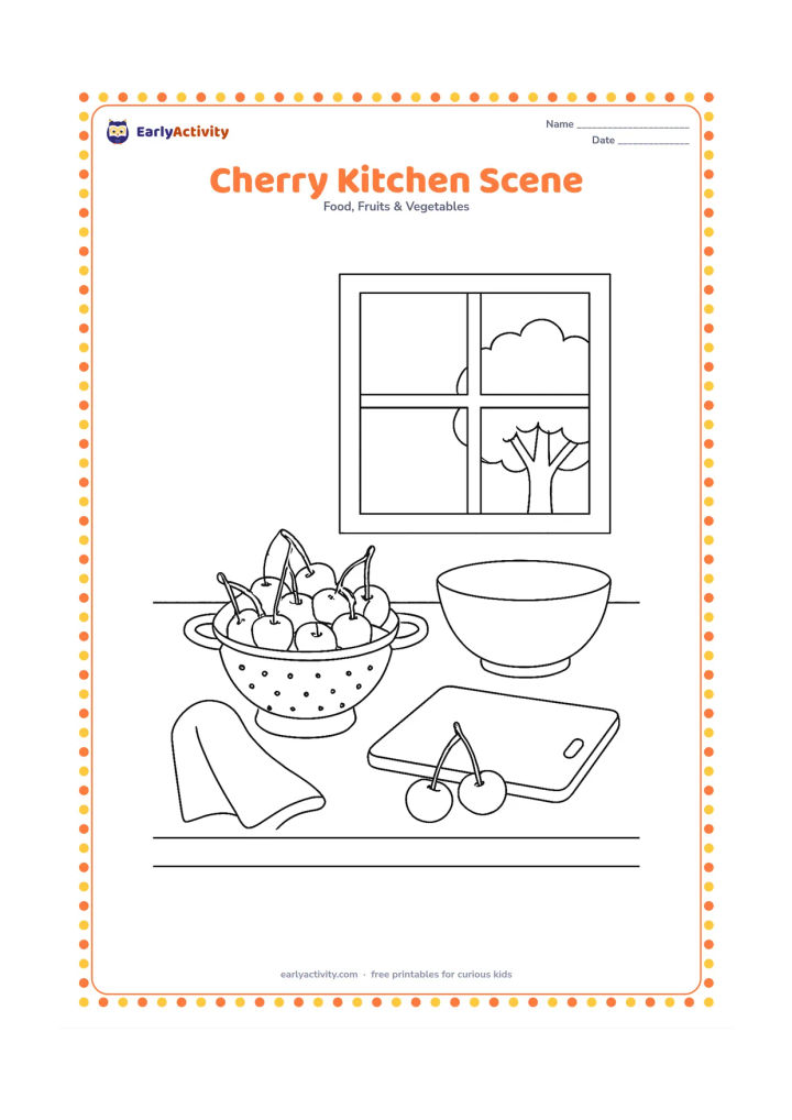 Colouring page: Draw a home kitchen counter with cherries being washed in a colander, a bowl, a cutting board, a towel and a window showing a tree outside.