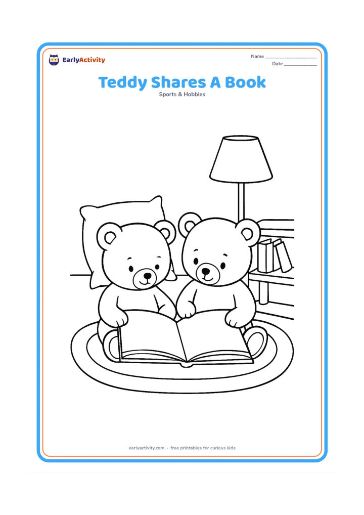 Colouring page: Two teddy bears sit together on a rug and look at a large open picture book with blank pages. Add a cushion, a lamp and a low bookshelf with books showing no writing.