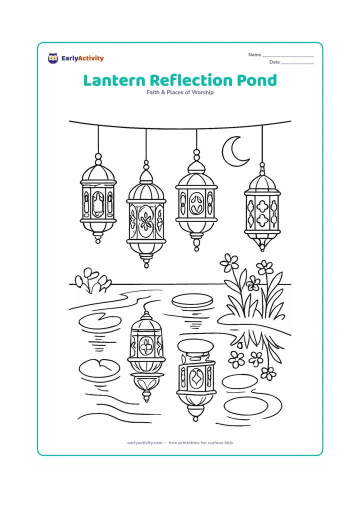 Colouring page: A row of ornate lanterns hangs beside a calm courtyard pond, with their reflections, lily leaves, stepping stones, flowering plants, and a crescent moon above. Use symmetrical water…