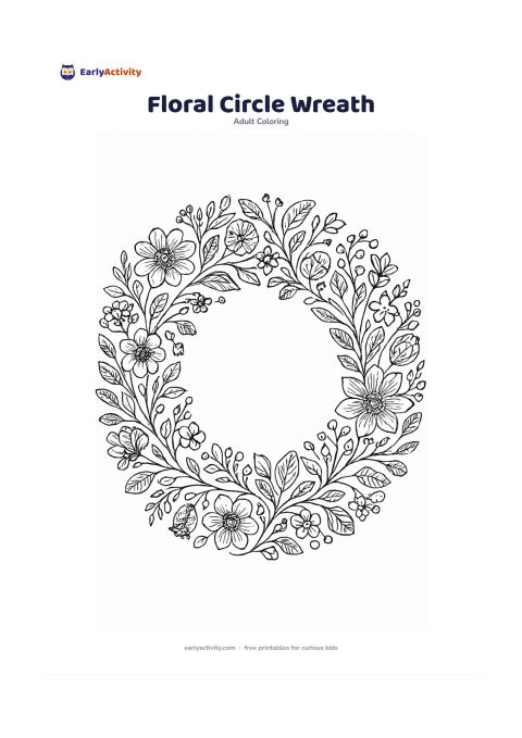 Colouring page: A full-page circular wreath made from alternating flowers, leaves, berries, seed pods and curling stems, with a wide blank centre and a balanced outer border. Use several flower shapes…