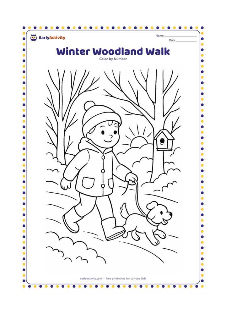 Colouring page: Draw a child in a warm coat walking with a small dog along a woodland path. Add bare trees, snow-covered bushes, a birdhouse, and a rising sun.