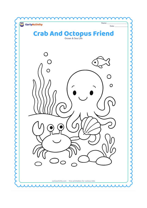 Colouring page: Show a crab and a friendly octopus together on the ocean floor, with the octopus gently curling two arms around a shell. Add seaweed, bubbles, a small fish and rounded stones.