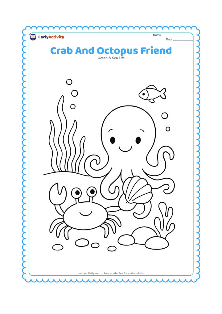 Colouring page: Show a crab and a friendly octopus together on the ocean floor, with the octopus gently curling two arms around a shell. Add seaweed, bubbles, a small fish and rounded stones.