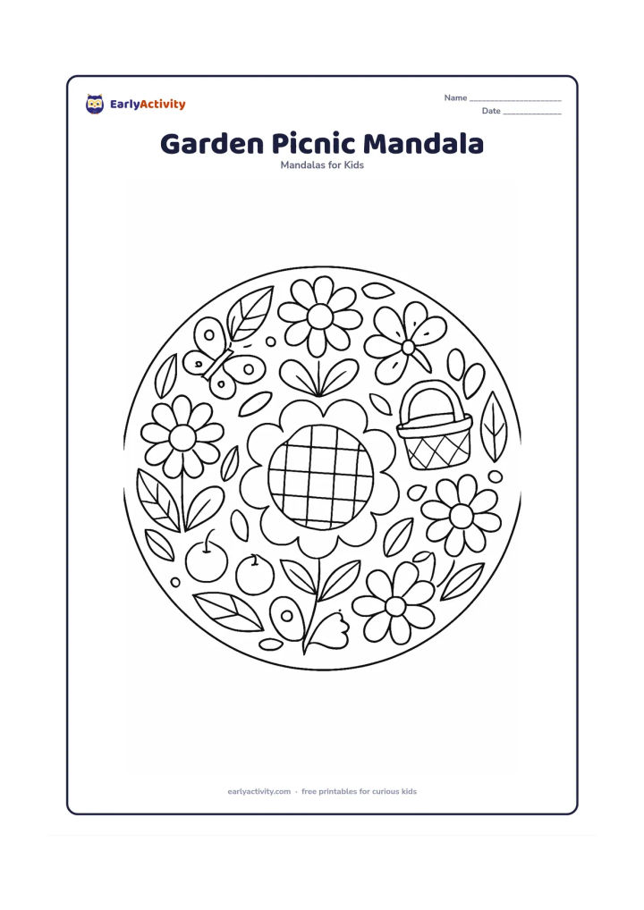 Colouring page: A circular floral mandala with a central flower-shaped picnic mat, surrounded by blossoms, leaves, a small basket, fruit-like round shapes and butterflies arranged in repeating sections.…
