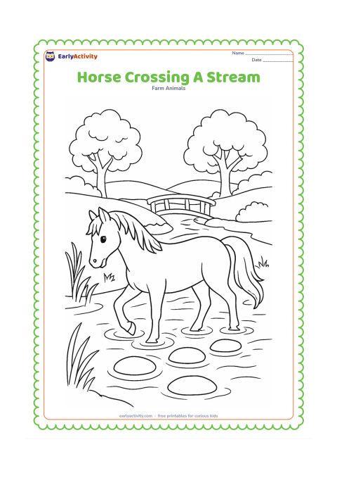 Colouring page: A horse carefully steps through a shallow stream on a farm, with ripples around its hooves. Add stepping stones, reeds, a wooden bridge in the distance and trees along the bank.