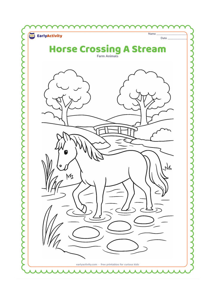 Colouring page: A horse carefully steps through a shallow stream on a farm, with ripples around its hooves. Add stepping stones, reeds, a wooden bridge in the distance and trees along the bank.