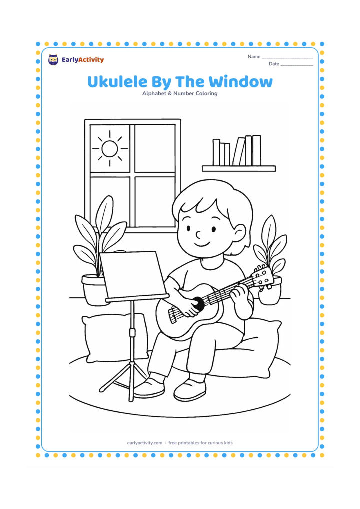 Colouring page: Draw a child practising ukulele beside a sunny window, with the instrument resting against the child's body and one foot tapping. Include a music stand with blank pages, houseplants,…
