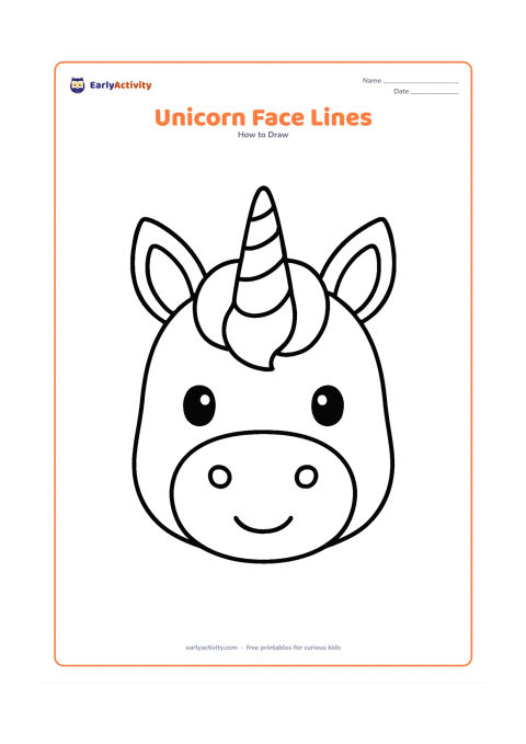Worksheet: A close-up unicorn face with a very light vertical centre guide and a light horizontal eye guide, plus bold ears, horn, eyes, muzzle and short curved mane sections. The guides must…