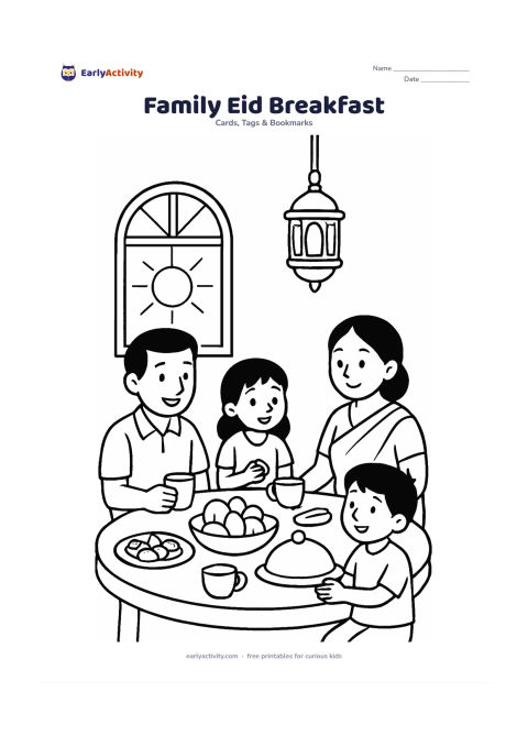 Worksheet: A family sits around a breakfast table with dates, fruit, cups, and a covered dish, while a lantern hangs above and the morning sun appears through a window. Leave a clear wall area for…