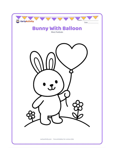 Colouring page: A smiling bunny holds one large heart-shaped balloon by its string, with two tiny flowers and a curved ground line beneath it.