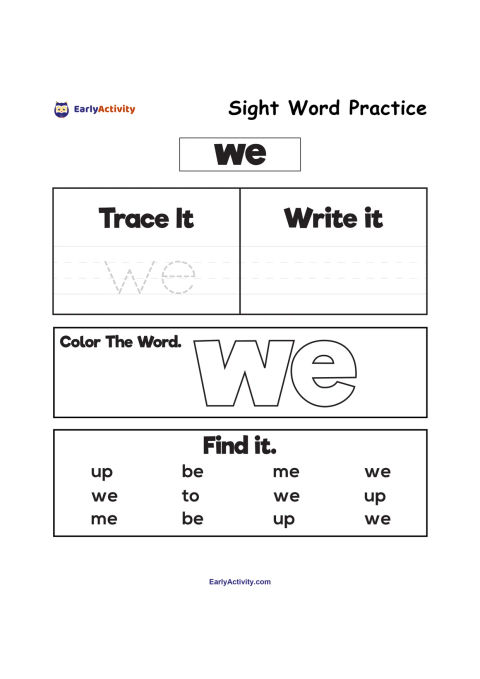 Worksheet for practising the sight word “we” with tracing, writing, colouring, and finding activities.