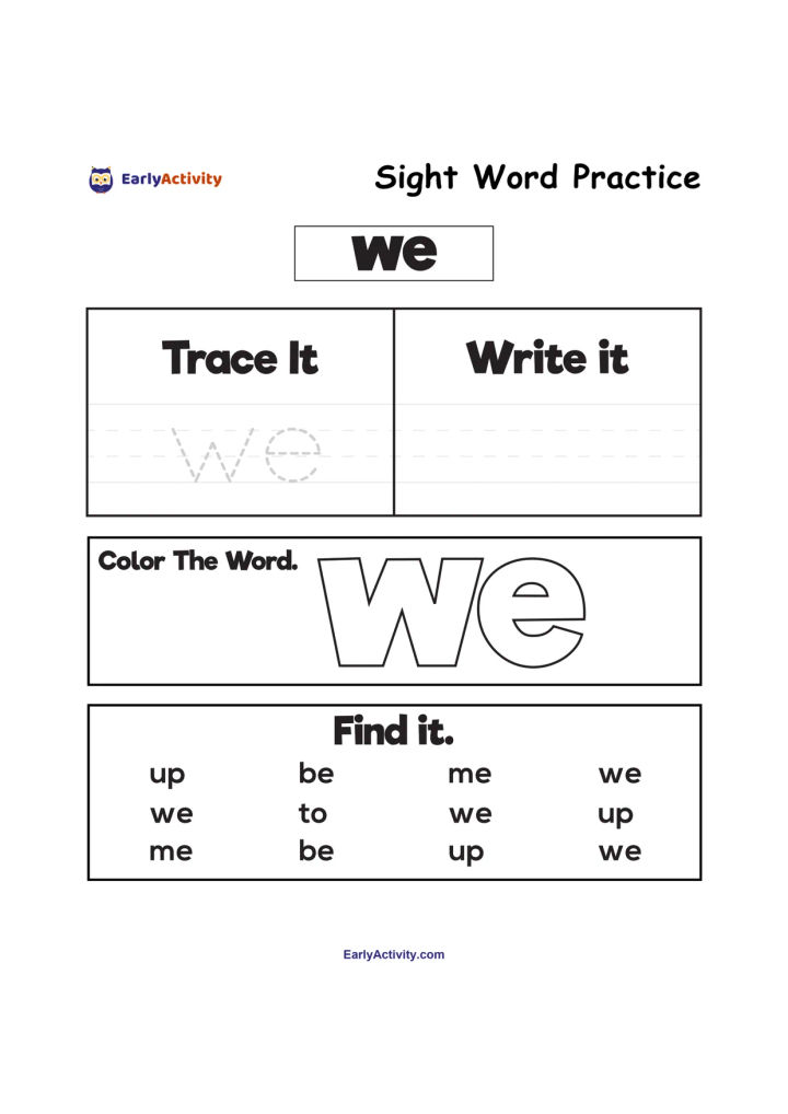 Worksheet for practising the sight word “we” with tracing, writing, colouring, and finding activities.
