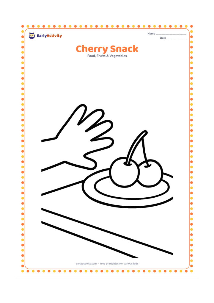 Colouring page: Draw a child-sized hand reaching toward two cherries on a small plate, with a simple table edge below.