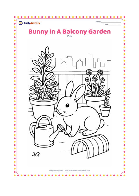 Colouring page: Draw a pet bunny exploring a safe apartment balcony garden with many pots of herbs and flowers, a low protective railing, a watering can, and a small exercise tunnel. Show a city skyline…