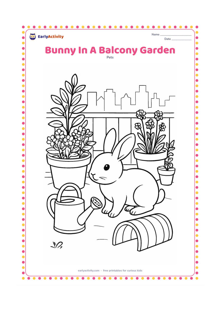 Colouring page: Draw a pet bunny exploring a safe apartment balcony garden with many pots of herbs and flowers, a low protective railing, a watering can, and a small exercise tunnel. Show a city skyline…