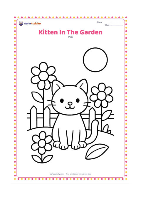 Colouring page: A kitten sits among three large flowers and two broad leaves in a simple garden. Include a low fence and a round sun in the background.